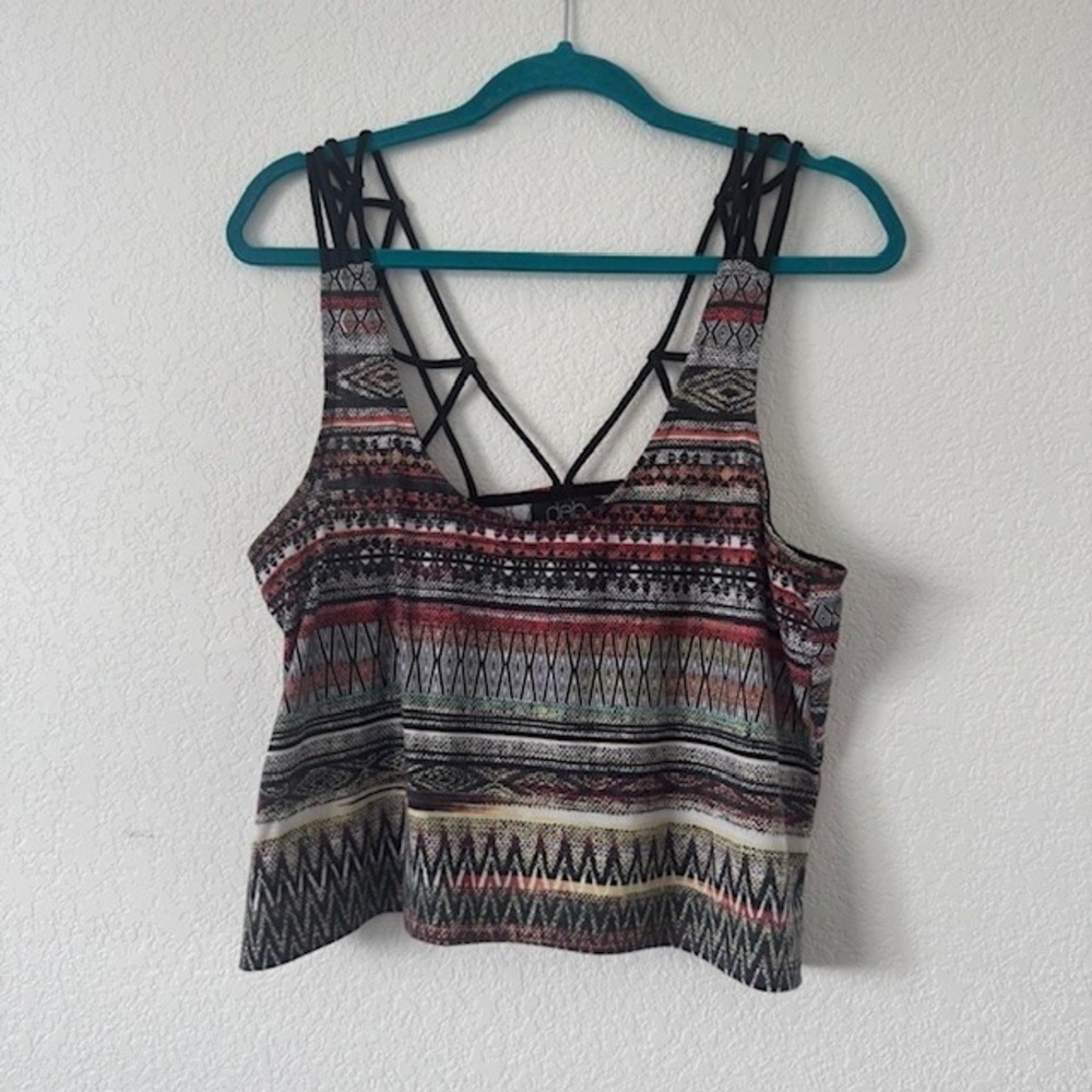 Y2K Aztec Tribal Print Criss Cross Strap‎ Crop Tank Top Womens Size L